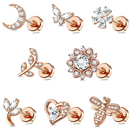 MILACOLATO 8PCS 16G Edelstahl Tragus Ohrringe für Damen Männer Knorpel Helix Piercing Lippenringe Nase Labret Chirurgenstahl Knorpel Ohr Piercing CZ Daith Tragus Piercings Stud Ohrstecker Rosegold