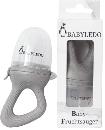 BABYLEDO Baby Fruit Dummy with Teething Ring for Fruit and Vegetables, Baby Teething Aid (Raccoon Grey)