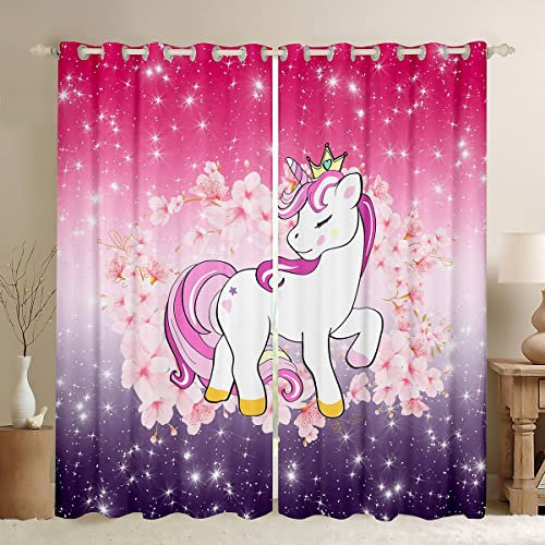 Einhorn Vorhänge Glitzer Verdunkelungsvorhänge Kirschblüten Vorhänge Gardinen Kinder Karikatur Kawaii Tier Vorhang Ombre Galaxie Sterne Fantasie Mädchen ästhetisch Rosa Lila 46 x 72,2 Paneele