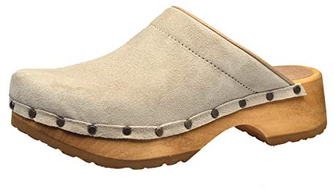Sanita Cho Chunky Clog | Original handgemacht | Leder-Holzclogs für Damen | Beige | 37 EU