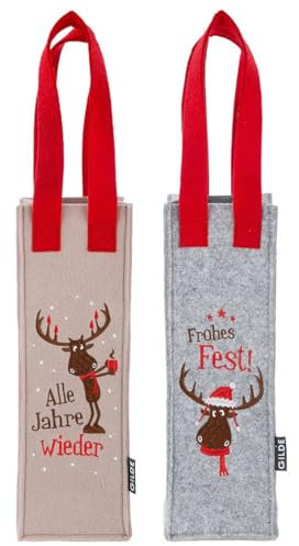 Gilde Filz Flaschentaschen Geschenktaschen Hannes Hirsch 2er Set hellgrau und beige mit Hirschmotiv und Schriftzug 30x10x10cm