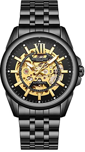 Anthony James Mystique automatiska armbandsur män – handmonterad vatten- och repbeständig analog klocka med 21 juveler guld skelett urtavla analoga klockor män – 5 års garanti, Svart
