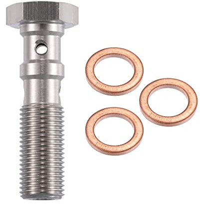 X AUTOHAUX Boulon Banjo Double M10x1.0 38mm Pour Systeme De Freinage 1pc | Couleur: Argenté, Doré, Matériau: Cuivre, Freinage, Moteur, Diamètre Rondelle: 10mm, Tête Vis: 16mm, 3 Rondelles