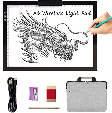 A4 Wireless LED Light Pad with Carry Bag, Innovative Stand and Top Clip, TOHETO Rechargeable Light Box Stepless Dimmable and 6 Levels Brightness Cordless Light Board for Tracing Weeding Vinyl (Black)