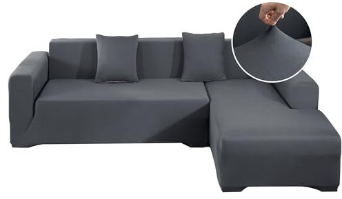 Jin Le Sofabezug l Form Sofabezug Ecksofa Couchbezug l Form Stretch (3-Sitz + 3-Sitz, Hellgrau) Ecksofaüberwurf Waschbar Sofaüberwurf mit 2 Kissenbezüge + Anti-Rutsch-Schaumstoffe