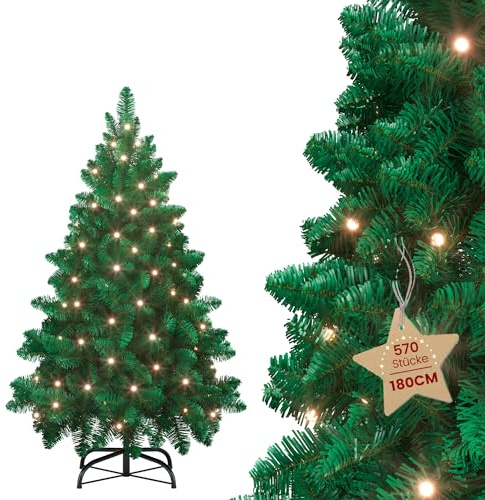 Aufun Künstlicher Weihnachtsbaum Tannenbaum mit Beleuchtung 250 LED warm-weiß inkl. Metallständer 570 Spitzen, PVC Christbaum für Weihnachten-Dekoration Mehrweg (180cm, Grün PVC+LED)