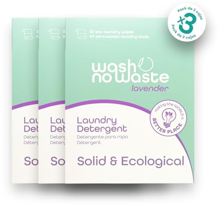 Wash no Waste - PACK 3. Tiras de Detergente para lavadora (192 lavados). Hipoalergénico y Biodegradable. Efecto suavizante. Gran poder de limpieza. Vegano y Cruelty Free. Plastic free. (Lavanda)