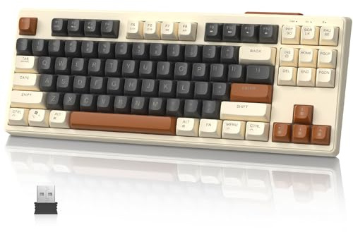 TKL- Trådlöst speltangentbord med dubbla lägen, Bluetooth/2,4Ghz, PBT-knappsats, 4000mAh uppladdningsbart batteri, bakgrundsbelyst tangentbord med blandad färg i regnbågen med mekanisk känsla-Kaffe