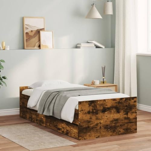Homgoday Bett mit Schubladen Stauraumbett Bettgestell Holzbett Bett Einzelbett Doppelbett Bettrahmen mit Lattenrost Schubladenbett Schlafzimmer| ohne Kopfteil Räuchereiche 90x200 cm