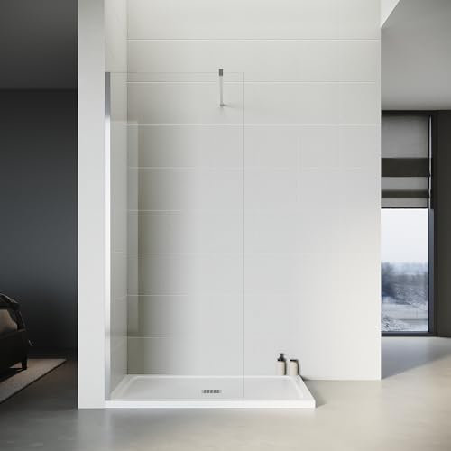 SONNI Duschwand Glas 90 x 200 cm Walk In Dusche-inklusive 90 x 90 cm Quadratische Duschtasse und Ablaufgarnitur-8 mm NANO Glas Duschtrennwand Glas