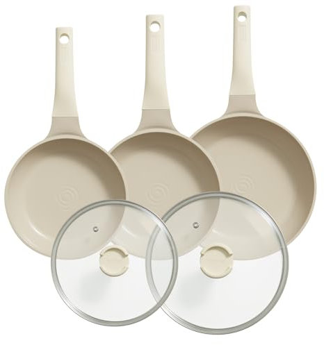 Redchef Set Di 3 Pezzi Padelle Per Induzione, Set Di Padelle Antiaderenti In Ceramica, Padelle 20/24/28 Cm, 24/28cm Con Coperchio Per Tutti I Tipi Di Piano Cottura, Senza Ptfe, Pfas, Pfoa, Beige