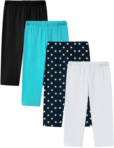 LAPASA 4-pack elastiska leggings för flickor i bomull för flickor, bekväma för sport och vardag, ålder 3–13 år, Svart, turkos, stjärnpulver, vit, 5-6 anni