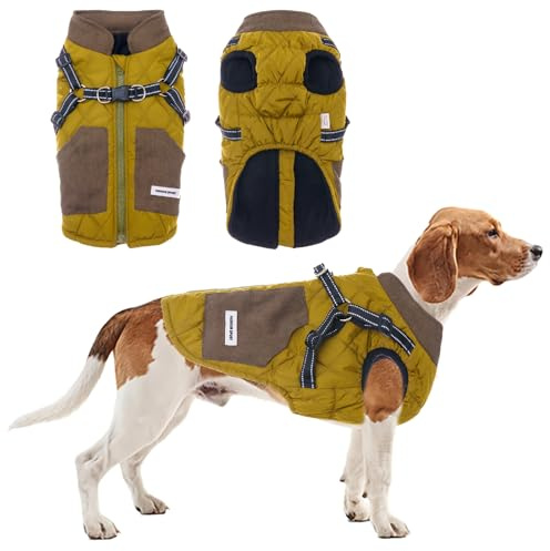 TOPSOSO Hundejacke, Wintermantel mit Geschirr, Taschen, Reflexstreifen, Reißverschluss, Mode Patchwork Weste für kleine Hunde (Senfgrün L)