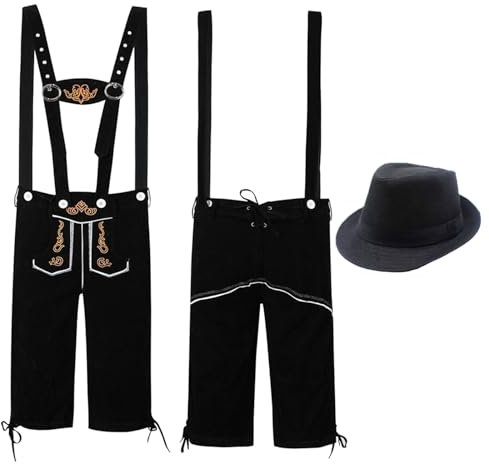 Bayerische Premium Lederhose Herren Tracht Trachtenhose Herren Kurz Bestickt Original Trachtenlederhosen für mit Hosenträger Trachtenhut Trachten Kurze Schwarz Trachten Oktoberfest Outfit