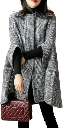 Goolecrimp Cape à Boutonnage Simple à Carreaux élégante pour Femmes Cape boutonnée Manteau Classique d'hiver à Manches Sept-Quarts à Carreaux Cape mi-Longue décontractée