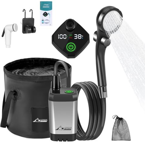 WADEO Ducha de Camping Portátil a Batería con Bomba y Cubo, Ducha de Camping al Aire Libre con Batería Recargable, Set de Ducha Móvil, para Camping, Viajes, Jardín, Lavado de Coches - Negro