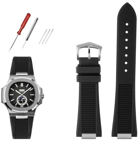 SRDRK Cinturino in fluorosilicone di qualità per Patek Philippe Sport Elegante serie Nautilus 5711/5712/5980 Bracciale con cinturino per orologio impermeabile maschile(B Black silver)