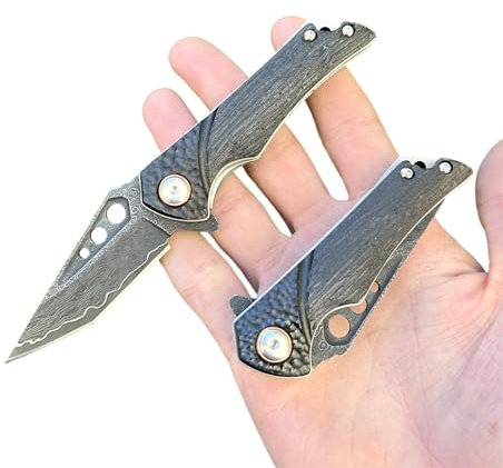 Obespina Petit Couteau Pliant Acier Damas Noir Luxe Lame Damascus Manche Bois d'ébène Collection Cadeau Homme edc forge artisanat poche camping extérieur fête père tranchant