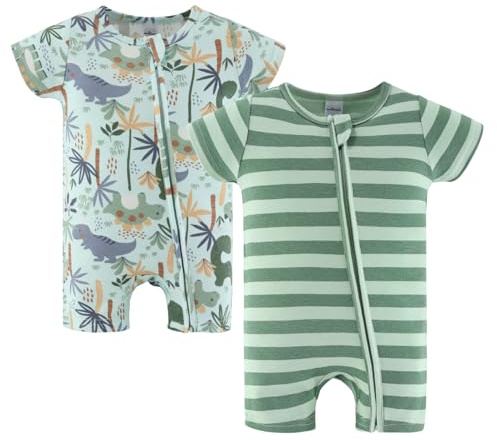 The Peanutshell Baby Boy Rompers 2 Pack - 100% Cotton Rompers for Newborn, Infant and Baby Boys - Newborn Clothes 6-9 Months - Green Dino