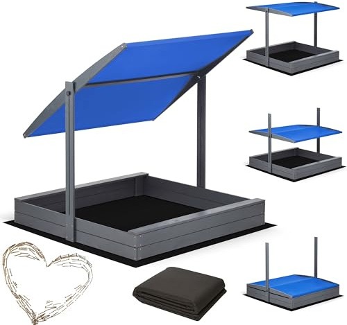 Sandkasten mit Dach 140x140 Imprägniert mit Sonnenschutz mit UV 100+ Schutz Sandbox mit Sandkastenvlies Holz, Sandkiste Sandbox Anthrazit (140x140 Dach Blau)