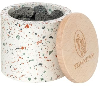 PRIMAVERA Aroma Duftstein Lava – Natur-Duftträger aus Lavastein im Terrazzo-Gefäß mit Holzdeckel – Für ätherische Öle & Duftmischungen – Raumduft, Diffusor – Aromatherapie