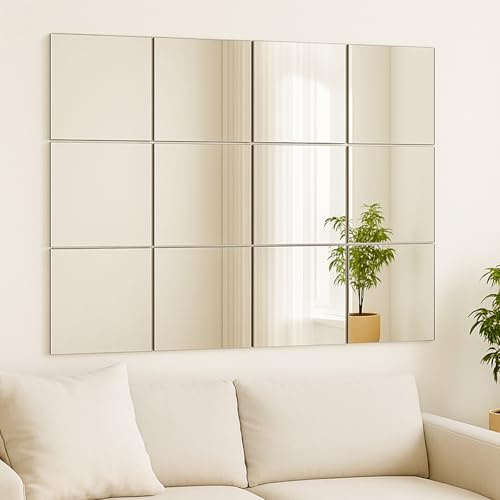 CROWNSHOP 12PCS Mirror Tiles 30x30x0.3cm Self Adhesive Glass Mirror Frameless Wall Mirrors DIY Bathroom Wall Decor for Bathroom Living Room Kitchen (12, 30 * 30)