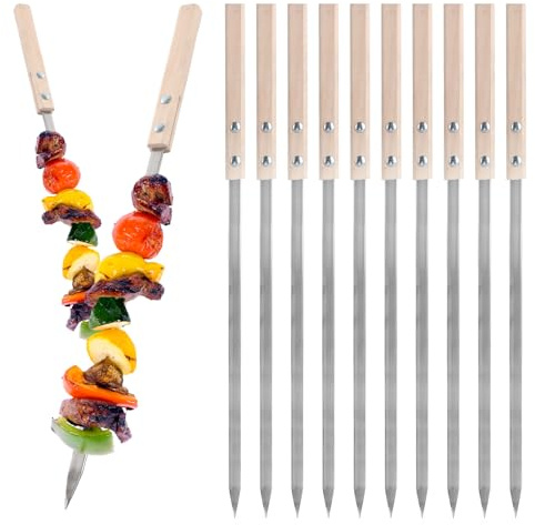 AKOLAFE Flache Schaschlikspieße, 40 cm, Edelstahl, Grillspieße aus Metall, Grillspieße mit Buchenholzgriffen für Außen- und Innengrillen, wiederverwendbar, 10 Stück