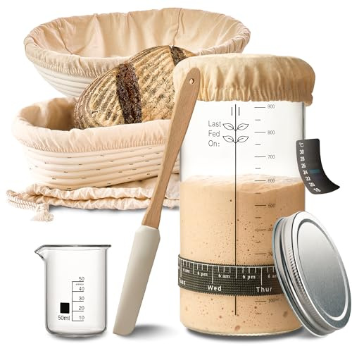 Praknu Sauerteig Starter Set aus Glas (1000ml) Komplett-Set mit Anleitung & Gärkörbchen für Einsteiger – Brot Backen Zubehör (Sauerteig Gärglas + 2 Gärkorb für Brot)