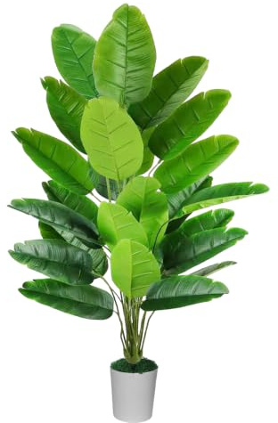 Natligard Plante Artificielle Interieur de 113 cm avec Oiseau, Palmier Tropical Artificiel, 24 Feuilles, bananiers artificiels en Pot, Convient pour la Maison, Le Jardin et la décoration Moderne.