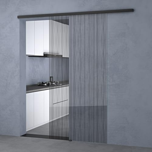 doporro Porta Scorrevole per Interni 90x205 cm con Binario Esterno a Parete | Vetro Temperato 8 mm con Pellicola di Sicurezza, Finitura Nero Opaco Spazzolato, Maniglia Quadrata, Lunghezza Binario 180 cm