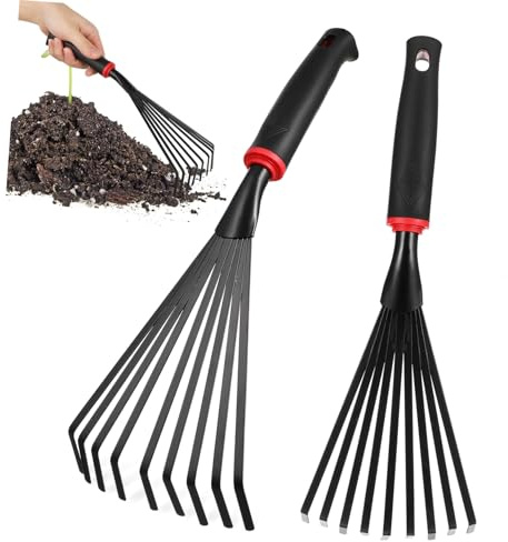 DOITOOL 2 Pezzi Rastrelli da Giardino con Manico Corto in Ferro Rastrello Manuale Piccolo per Prato e Orto Attrezzi Resistenti e Facili da Pulire per Giardinaggio Ergonomico