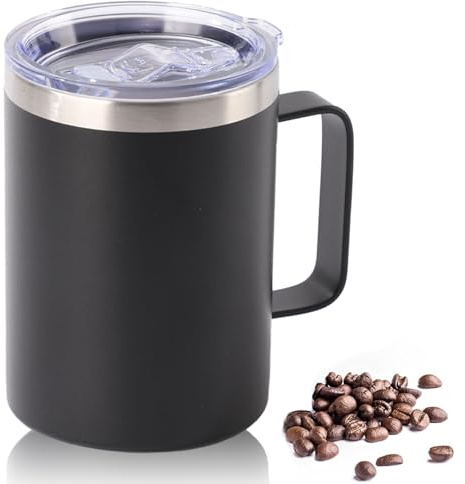 YueXing 16oz Black Insulated Coffee Mug with Handle, Leakproof Double Wall Stainless Steel Travel Mug with Sliding & Straw Lid, Dishwasher Safe for Camping Commuting Hot Cold Drinks (Black)