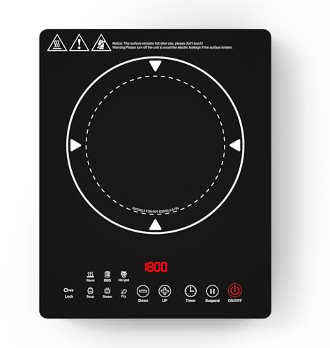 VBGK plaque induction 1 feu, plaque chauffante 6 modes de cuisson, plaque cuisson electrique portable avec commande tactile LCD, 9 niveaux et minuterie 4 heures, 1800W 220V plaque induction 1 feu