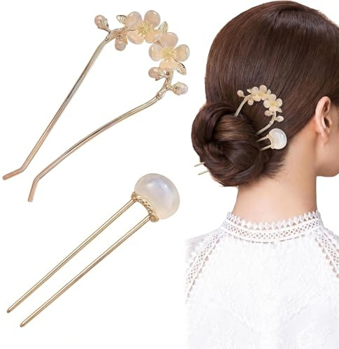 French Twist Hair Pin, Französische Haarnadel, Haargabel, French Twist, 2 Stück U-förmige Haarnadeln, Design mit Doppelblume und Weißer Imitationsperle, Haarschmuck für Damen und Mädchen