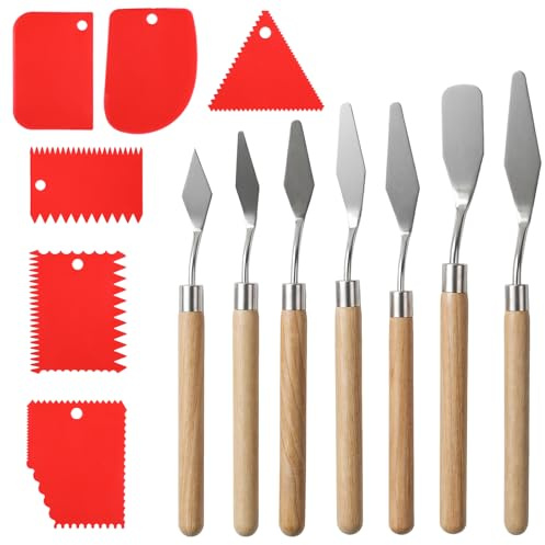 7 PCS Palette Knife Set, Stainless Steel Pallet Knife with Wood Handle and 6 PCS Palette Scraper, Painting Knives for Oil Pastel Canvas Acrylic Painting Texturing Color Mixing Cake Decorating