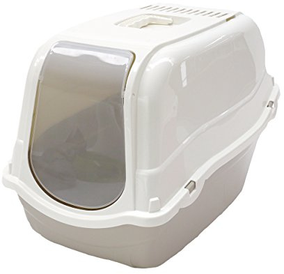 Rosewood Romeo Plastic Cat Litter Tray with Hood – Covered Cat Toilet, Charcoal Filter for Odour Control, Easy to Clean – Mocha/White