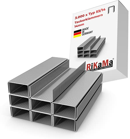 RIKAMA 3000 Stück Tackerklammern - Typ 53 | Länge: 14 mm Breite: 11,3 mm | verzinkt | Maße 14/11,3 | Tacker-Klammern | Heftklammern