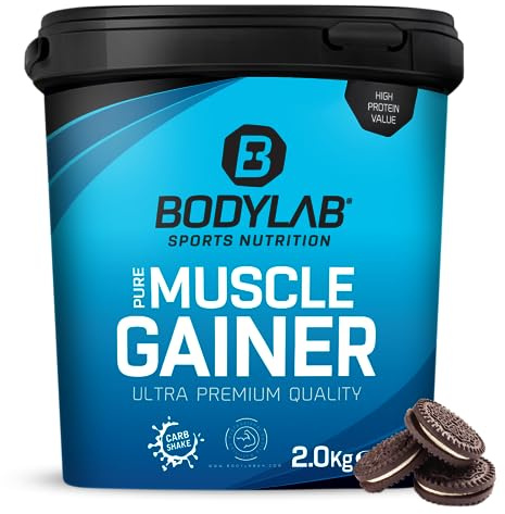 Bodylab24 Pure Muscle Gainer Cookies & Crème 2000g, 33g de glucides naturels, 40g de protéines et 12g de lipides pour 100g, enrichi en créatine monohydrate, shake parfait pour la prise de masse