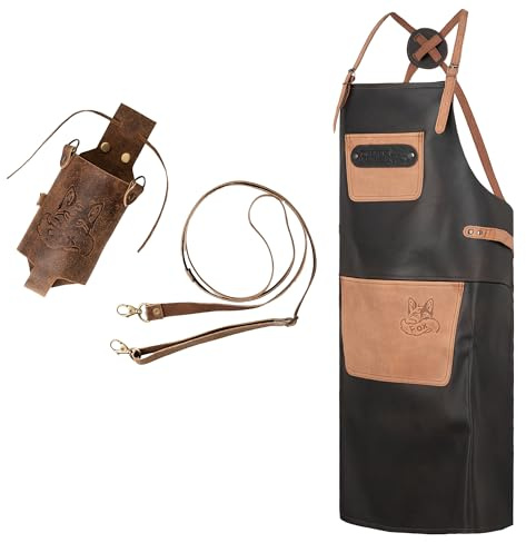 Black Forest Fox Büffelleder Grill Koch & Küchen Schürze + Getränkeholster Holly Holster – Leder Flaschenhalter für Partybecher, Bierflaschen, Getränkedosen