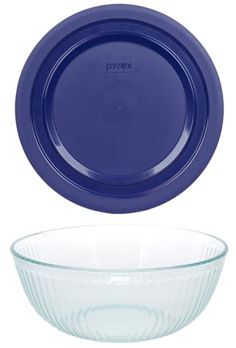 Pyrex (1) 7404 4.5qt Sculpted Glass Mixing Bowl, & (1) 7404-PC 4.5qt Blue Lid