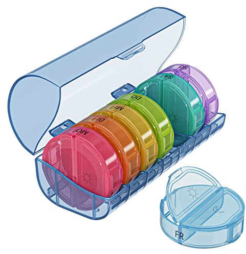 WELLGRO runde Tablettenbox für 7 Tage - Pillendose bunt 2 Fächer pro Tag - Klappdeckel mit Druckverschluss - BPA-freier Kunststoff - Farbe wählbar, Farbe:Blau