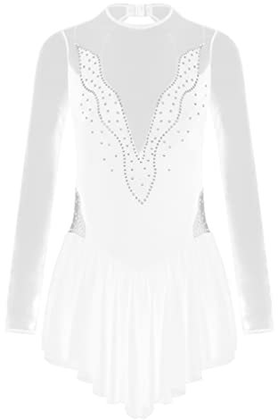 FEESHOW Damen Eiskunstlauf Kleid Langarm Rollschuhkleid Glitzer Mesh Tanztrikot Ballett Leotard mit Tanzrock Eislaufen Wettkämpfe Bekleidung Weiß_D L