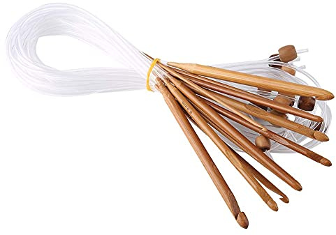 Ejoyous 12 Stück Tunesische Bambus Häkelnadeln Set, 3-10mm, mit Kunststoffkabel, Afghanische Carbonized Häkelnadeln für Viele Muster und Projekte