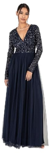 Maya Deluxe Damen Ladies Maxi Dress For Women With Long Sleeves V Neckline Plunging Sequin Embellished For Wedding Gue Kleid, Navy, 40 EU