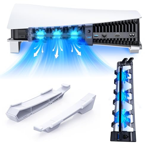 NexiGo PS5 Horizontal Stand with Silent Enhanced Cooling Fan with Adjustable Speed, [Low Noise], [Auto Power On/Off], with USB 3.0 Port, Built-in LED Light, for Both Disc and Digital Editions