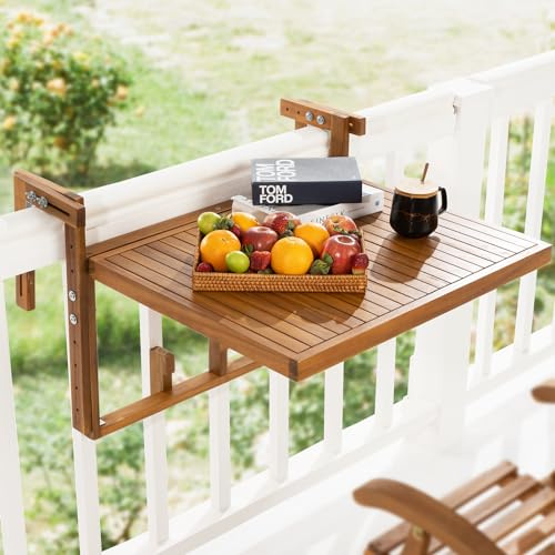 IDZO FSC Acacia Wood Folding Railing Bar Table, Adjustable, 27.56 × 23.44