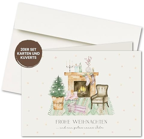 20x Weihnachtskarten & Umschläge, Motiv: Kamin, Klappkarten A6, Creme, privat & geschäftlich