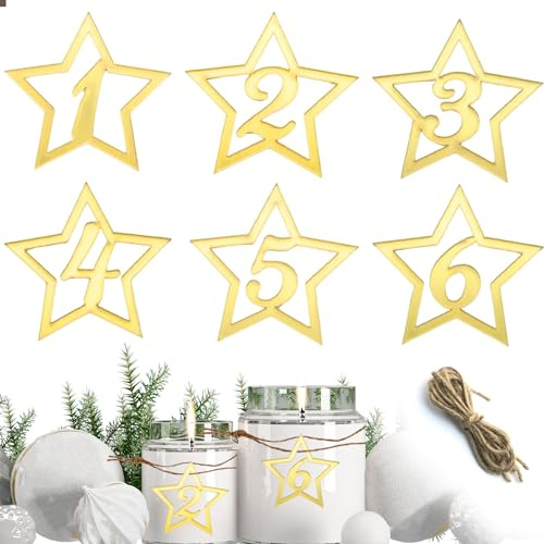 NATOSU 6 Stücke Adventskranz Zahlen Acryl Adventszahlen Kerzen Kerzenhalter Deko Gold Anhänger Kerzenanhänger 1-6 Kerzenstecker Weihnachten Kerzen Dekoration Adventsdeko