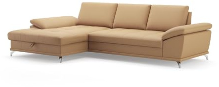 Cavadore Eckcouch Castiel mit Federkern / Ecksofa mit großem Longchair, Sitztiefenverstellung und mattschwarzen Metallfüßen / 301 x 89 x 176 / Echtleder, Beige