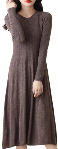 Robes en tricot de laine uni pour femmes - Longueur genoux d'hiver - Col rond - Chaudes et décontractées - Manches longues, café, L